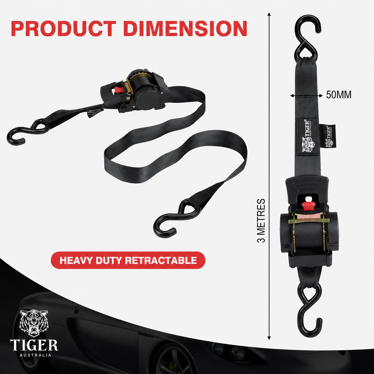 Tiger Australia 50mm × 3m New Auto Slow-Retracting Design Ratchet Straps 4-Pack