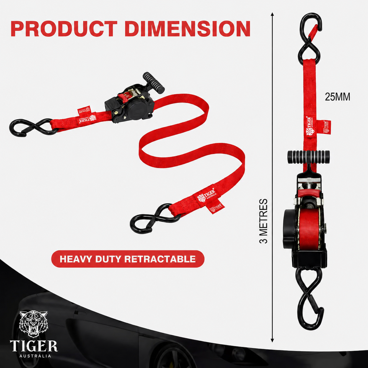 Tiger Australia 25mm x 3m T-Handle™ Retractable Ratchet Straps with Soft Loops 4-Pack(Red Limited Edition)