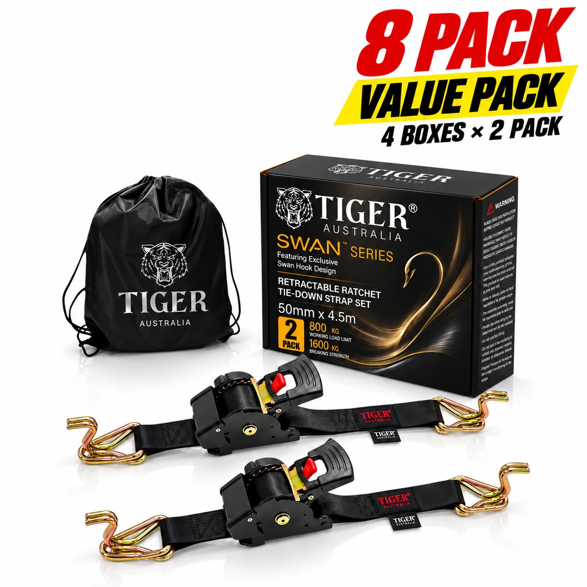 Tiger Australia Swan Hook Series 50mm × 4.5m Heavy-Duty Retractable Ratchet Straps 8-Pack Value Pack