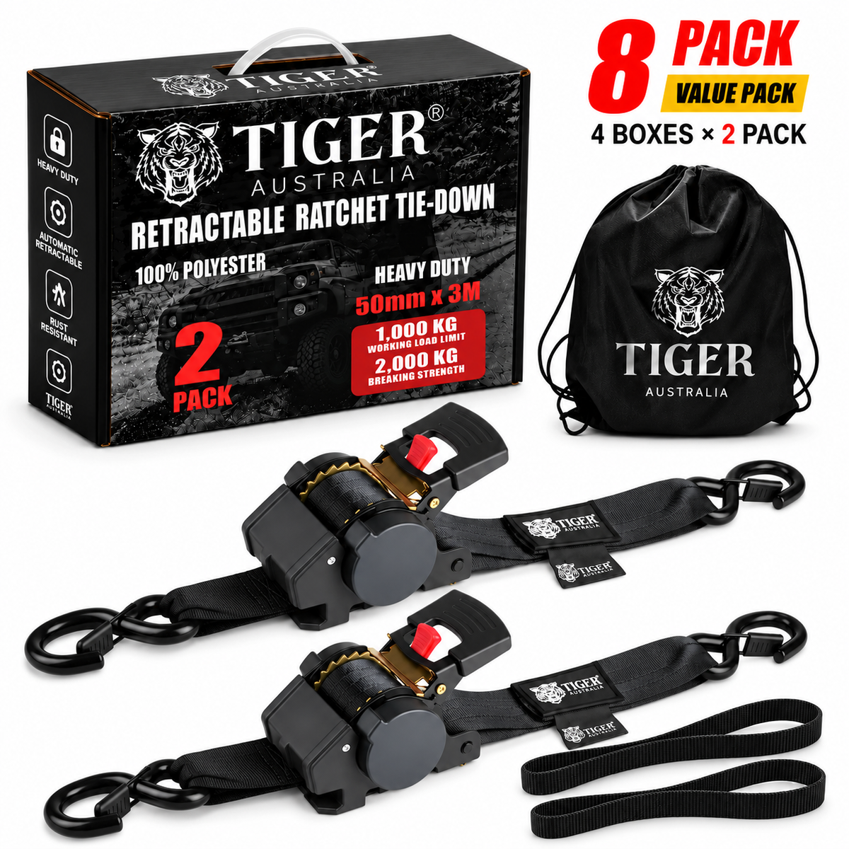 Tiger Australia 50mm × 3m Slow-Retracting Design Ratchet Straps 8-Pack Value Pack