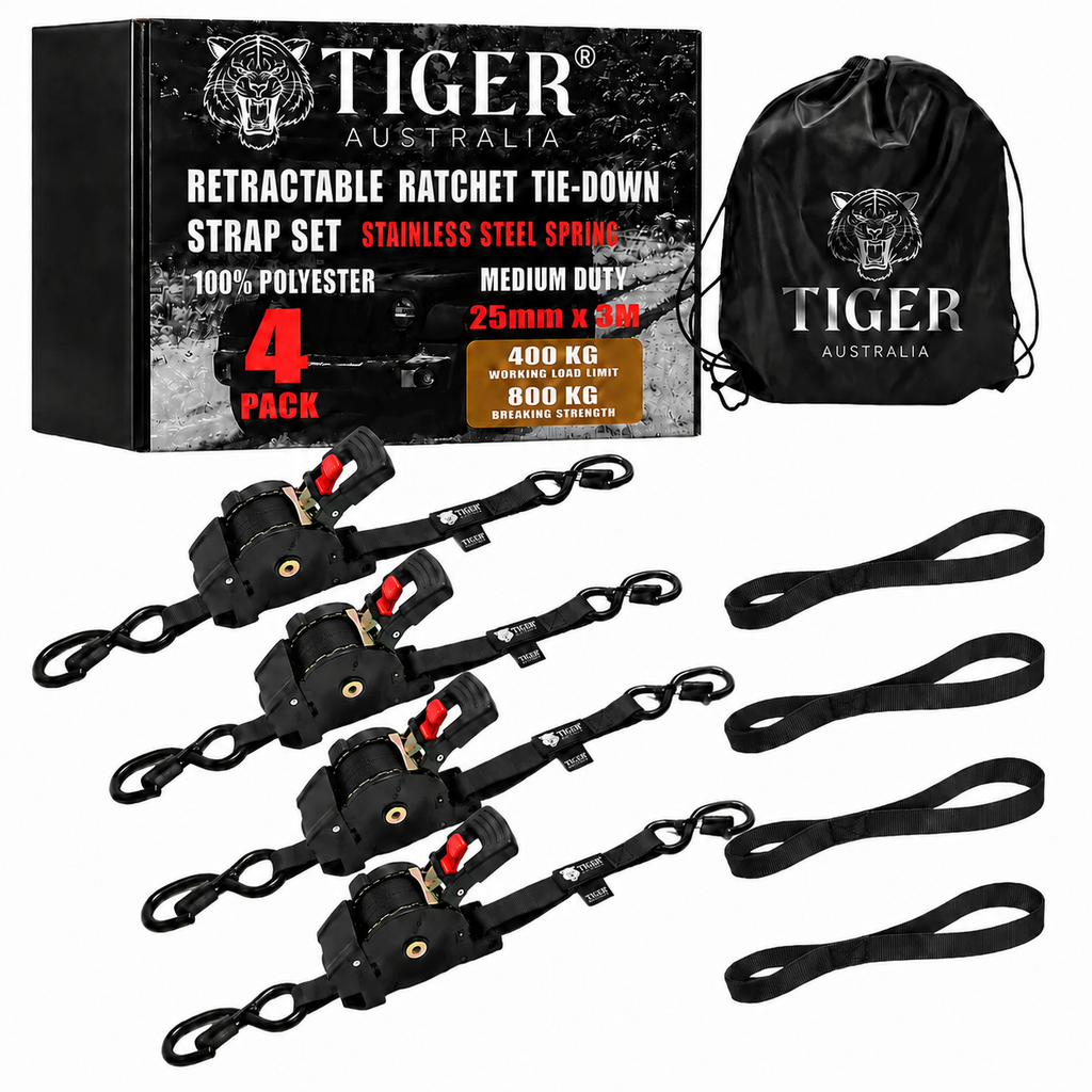 Tiger Australia 25mm x 3m Retractable Ratchet Straps with Soft Loops – 4 Pack