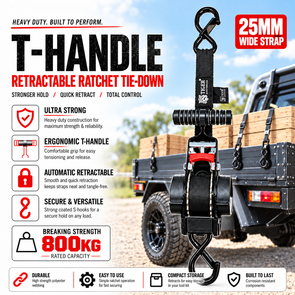 Tiger Australia 25mm x 3m T-Handle™ Retractable Ratchet Straps with Soft Loops 2-Pack