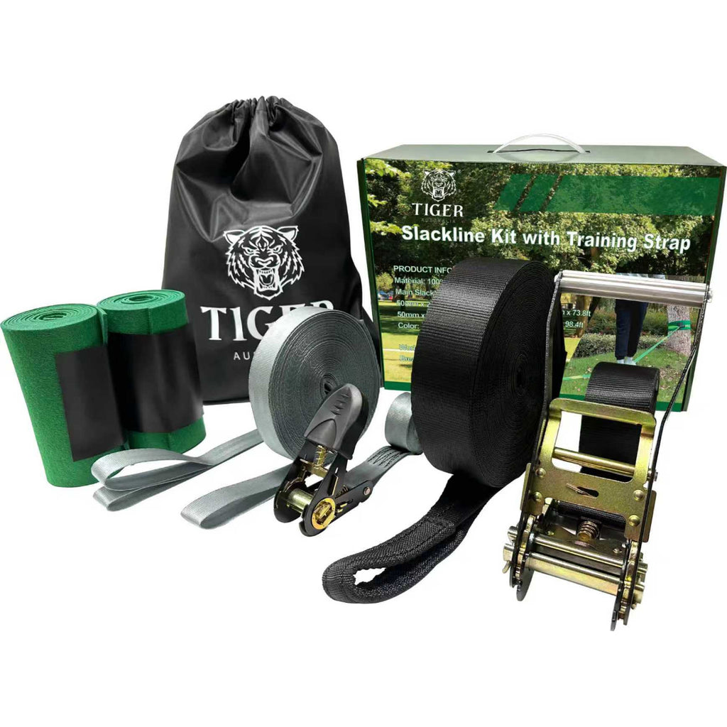 Slackline Kit 50mmx22.5 m with Training Line, Ratchet, Tree Protectors and Bag
