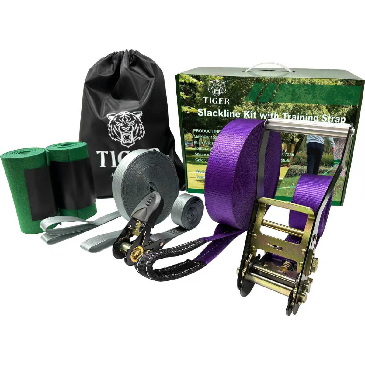 Slackline Kit 50mmx22.5 m with Training Line, Ratchet, Tree Protectors and Bag