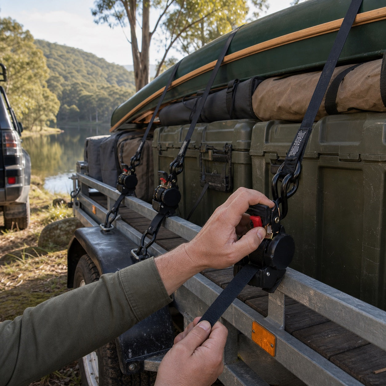 Tiger Australia T-Handle strap being adjusted on a trailer