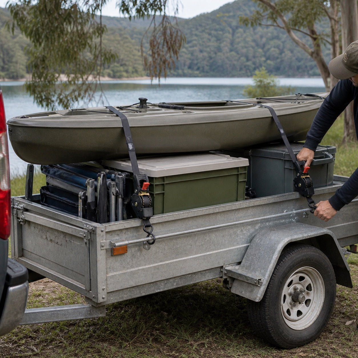 Tiger Australia slow-retracting straps in use beside a lake
